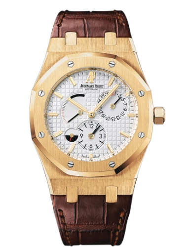 Audemars Piguet Royal Oak 39-26120BA.OO.D088CR.01 (Brown Alligator Leather Strap, Grande Tapisserie Silver-toned Index Dial, Yellow Gold Smooth Bezel)