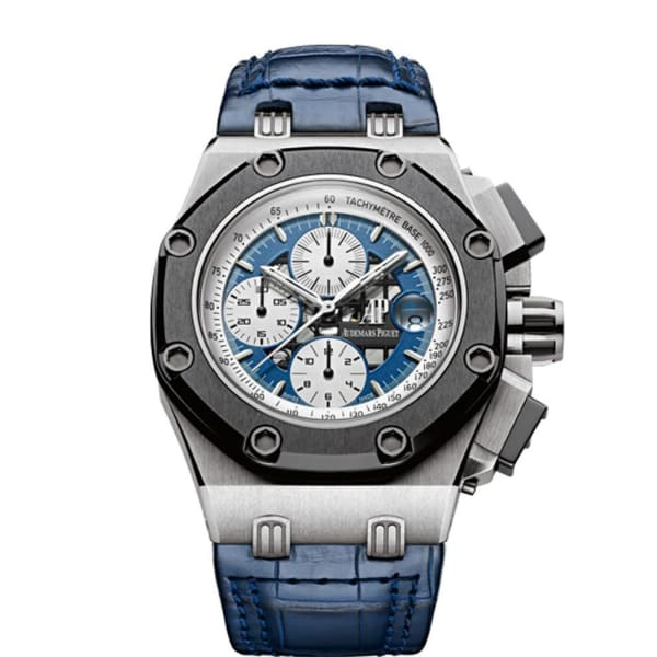 Audemars Piguet Royal Oak Offshore 42-26078PO.OO.D018CR.01 (Blue Alligator Leather Strap, Méga Tapisserie Racing Openworked Blue Index Dial, Black Ceramic Smooth Bezel)