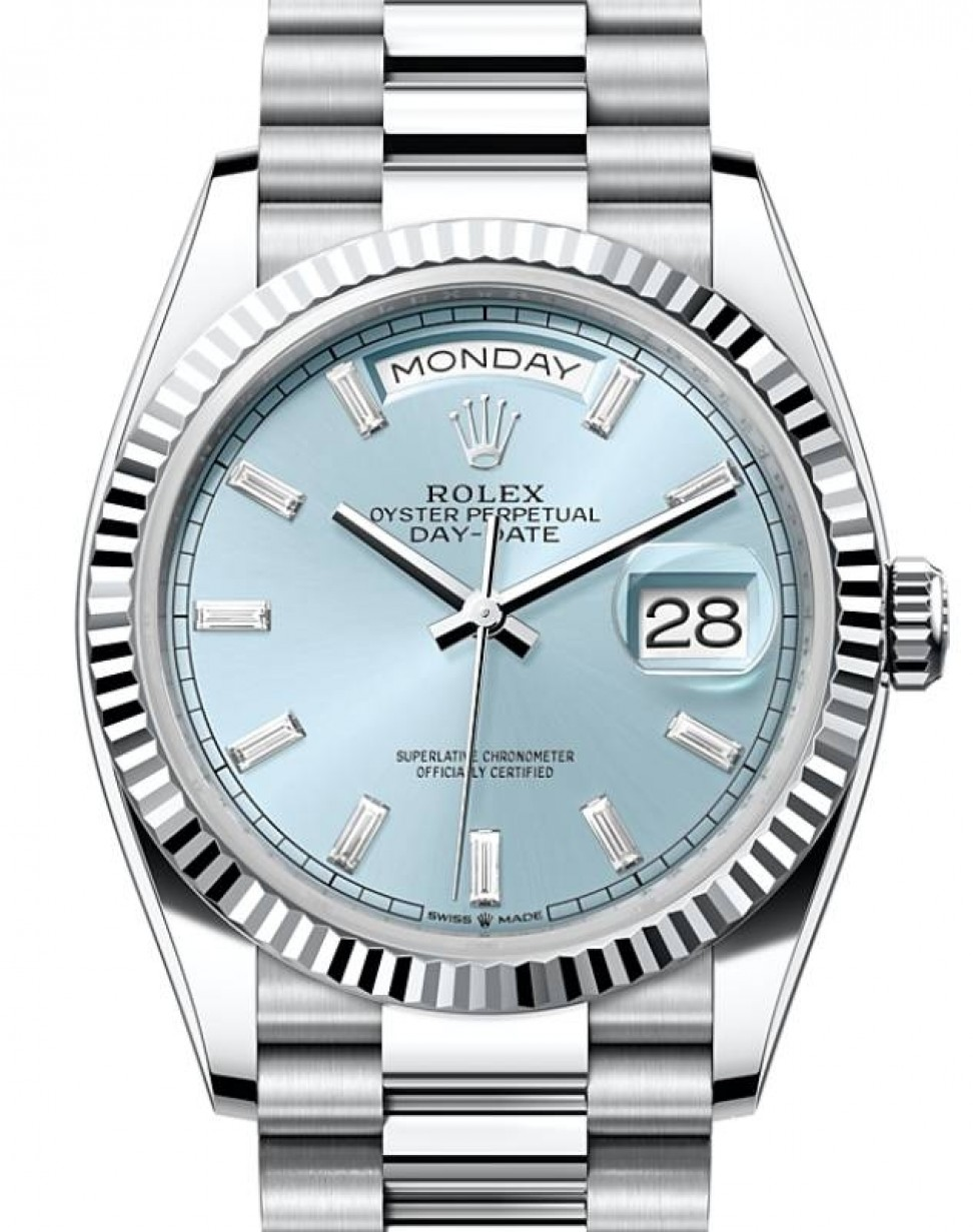 Rolex Day-date 36-128236 (Platinum President Bracelet, Ice-blue Diamond Index Dial, Fluted Bezel)