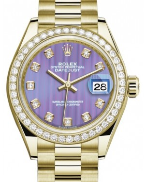 Rolex Lady-Datejust 28-279138RBR (Yellow Gold President Bracelet, Gold Diamond-set Lavender Dial, Diamond Bezel)