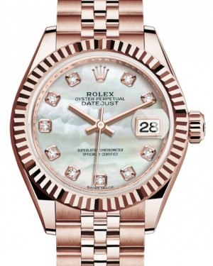 Rolex Lady-Datejust 28-279175 (Everose Gold Jubilee Bracelet, Gold Diamond-set White MOP Dial, Fluted Bezel)