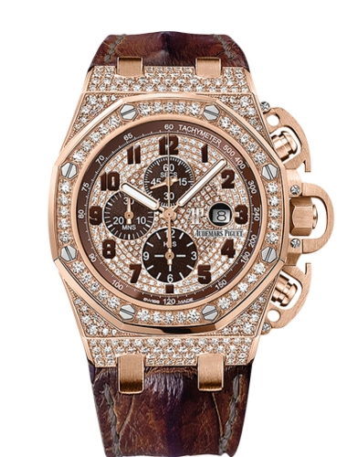 Audemars Piguet Royal Oak Offshore 48-26215OR.ZZ.A801CR.01 (Brown Alligator Leather Strap, Diamond-paved Arabic Dial, Pink Gold Diamond-set Bezel)