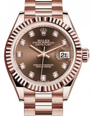 Rolex Lady-Datejust 28-279175 (Everose Gold President Bracelet, Gold Diamond-set Chocolate Dial, Fluted Bezel)