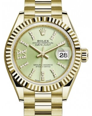 Rolex Lady-Datejust 28-279178 (Yellow Gold President Bracelet, Gold Diamond IX-set Linden Index Dial, Fluted Bezel)