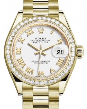 Rolex Lady-Datejust 28-279138RBR (Yellow Gold President Bracelet, White Roman Dial, Diamond Bezel)