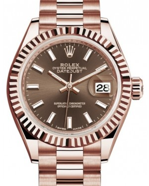 Rolex Lady-Datejust 28-279175 (Everose Gold President Bracelet, Chocolate Index Dial, Fluted Bezel)