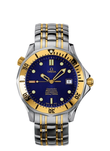 Omega Seamaster Diver 300M 41-2332.80.00 (Yellow Gold & Stainless Steel Bracelet, Wave-embossed Blue Dot Index Dial, Rotating Yellow Gold Bezel)