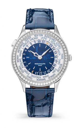 Patek Philippe Complications 36-7130G-015 (Shiny Navy-blue Alligator Leather Strap, New York Blue Index Dial, Diamond Bezel)