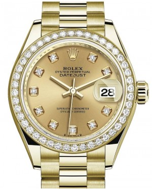Rolex Lady-Datejust 28-279138RBR (Yellow Gold President Bracelet, Gold Diamond-set Champagne Dial, Diamond Bezel)