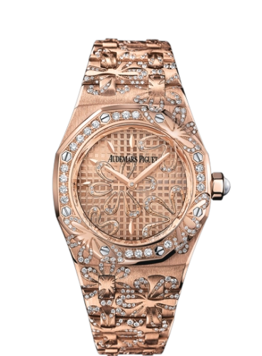 Audemars Piguet Royal Oak 33-67617OR.ZZ.1235OR.01 (Diamond-set Pink Gold Bracelet, Grande Tapisserie Floral Pink Gold-toned Index Dial, Pink Gold Diamond-set Bezel)