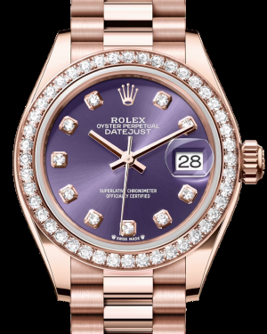 Rolex Lady-Datejust 28-279135RBR (Everose Gold President Bracelet, Gold Diamond-set Aubergine Dial, Diamond Bezel)