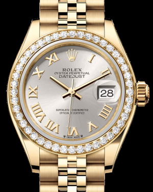 Rolex Lady-Datejust 28-279138RBR (Yellow Gold Jubilee Bracelet, Silver Roman Dial, Diamond Bezel)