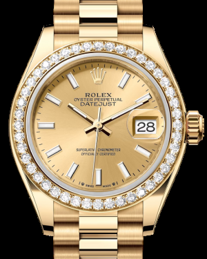 Rolex Lady-Datejust 28-279138RBR (Yellow Gold President Bracelet, Champagne Index Dial, Diamond Bezel)