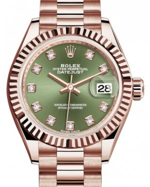 Rolex Lady-Datejust 28-279175 (Everose Gold President Bracelet, Gold Diamond-set Olive-green Dial, Fluted Bezel)
