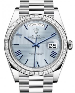 Rolex Day-Date 40-228396TBR (Platinum President Bracelet, Ice-blue Quadrant Roman Dial, Diamond Bezel)