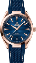 Omega Seamaster Aqua Terra 150M 41-220.52.41.21.03.001 (Structured Blue Rubber Strap, Horizontal-teak Sun-brushed Blue Index Dial, Sedna Gold Bezel) (Omega 220.52.41.21.03.001)
