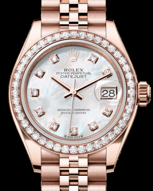 Rolex Lady-Datejust 28-279135RBR (Everose Gold Jubilee Bracelet, Gold Diamond-set White MOP Dial, Diamond Bezel)