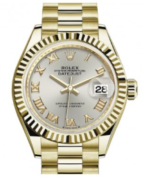 Rolex Lady-Datejust 28-279178 (Yellow Gold President Bracelet, Silver Roman Dial, Fluted Bezel) (m279178-0020)