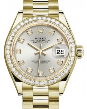 Rolex Lady-Datejust 28-279138RBR (Yellow Gold President Bracelet, Gold Diamond-set Silver Dial, Diamond Bezel)
