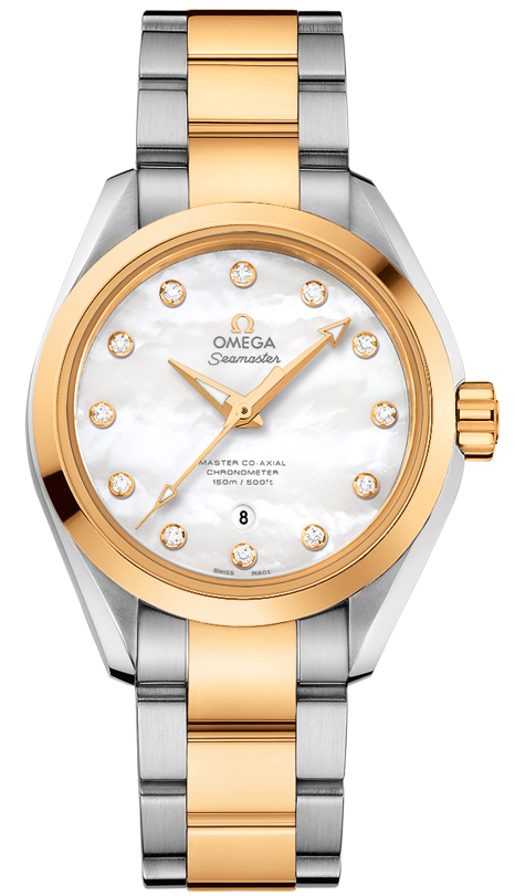 Omega Seamaster Aqua Terra 150M 34-231.20.34.20.55.002 (Yellow Gold & Stainless Steel Bracelet, White MOP Diamond Index Dial, Yellow Gold Bezel)