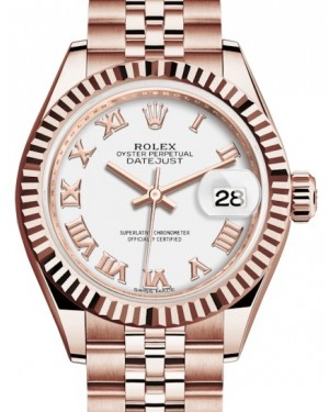 Rolex Lady-Datejust 28-279175 (Everose Gold Jubilee Bracelet, White Roman Dial, Fluted Bezel)