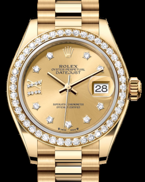 Rolex Lady-Datejust 28-279138RBR (Yellow Gold President Bracelet, Gold Diamond IX-set Champagne Dial, Diamond Bezel)