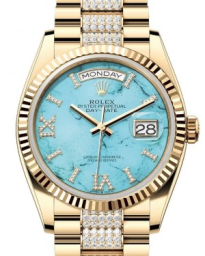 Rolex Day-Date 36-128238 (Yellow Gold Diamond-set President Bracelet, VI IX Gold Diamond-set Turquoise Dial, Fluted Bezel) (m128238-0072)