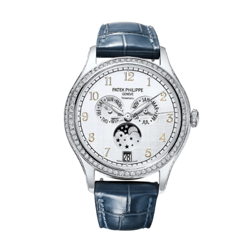 Patek Philippe Complications 38-4947G-010T (Shiny Navy-blue Alligator Leather Strap, Silvery Sunburst Arabic Dial, Diamond Bezel)