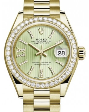 Rolex Lady-Datejust 28-279138RBR (Yellow Gold President Bracelet, Gold Diamond IX-set Linden Index Dial, Diamond Bezel)