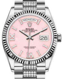 Rolex Day-Date 36-128239 (White Gold Diamond-set President Bracelet, VI IX Gold Diamond-set Pink Opal Dial, Fluted Bezel) (m128239-0030)