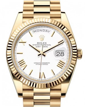 Rolex Day-Date 40-228238 (Yellow Gold President Bracelet, White Roman Dial, Fluted Bezel)