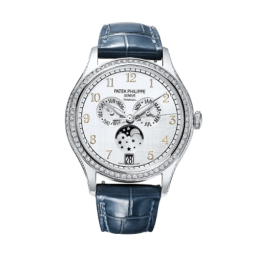 Patek Philippe Complications 38-4947G-010T (Shiny Navy-blue Alligator Leather Strap, Silvery Sunburst Arabic Dial, Diamond Bezel) (4947G-010T)