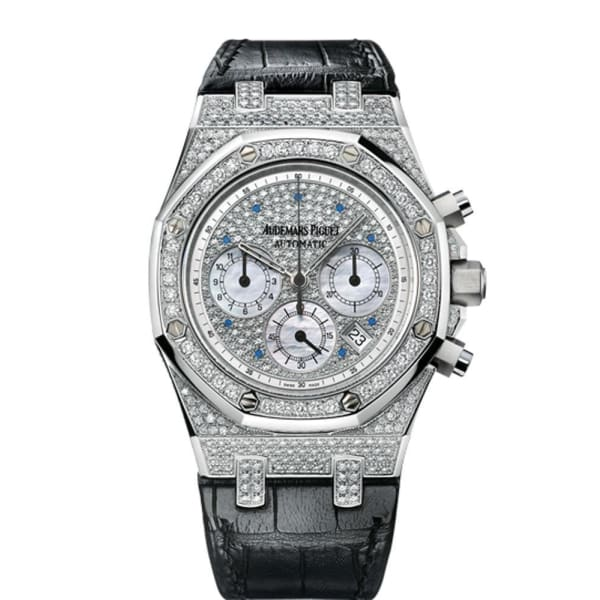 Audemars Piguet Royal Oak 39-26068BC.ZZ.D002CR.01 (Black Alligator Leather Strap, Diamond-paved White Dial, White Gold Diamond-set Bezel)