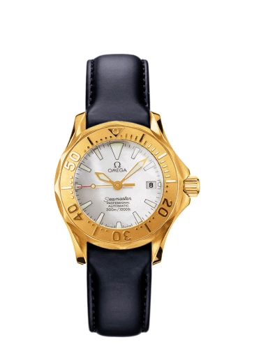Omega Seamaster Diver 300M 28-2672.70.91 (Black Leather Strap, Wave-embossed White Index Dial, Rotating Yellow Gold Bezel)
