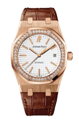 Audemars Piguet Royal Oak 39-15301OR.ZZ.D088CR.01 (Brown Alligator Leather Strap, Grande Tapisserie Silver-toned Index Dial, Pink Gold Diamond-set Bezel)