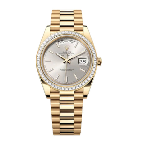 Rolex Day-Date 40-228398TBR (Yellow Gold President Bracelet, Silver Index Dial, Diamond Bezel)