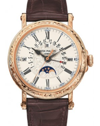 Patek Philippe Grand Complications 38-5160R (Chestnut-brown Alligator Leather Strap, White Opaline Roman Dial, Hand-engraved Bezel) (5160R-001)