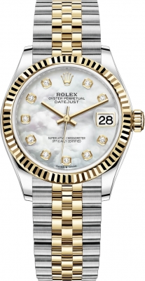 Rolex Datejust 31-278273 (Yellow Rolesor Jubilee Bracelet, Gold Diamond-set White MOP Dial, Fluted Bezel)