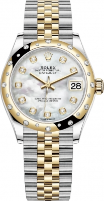 Rolex Datejust 31-278343RBR (Yellow Rolesor Jubilee Bracelet, Gold Diamond-set White MOP Dial, Domed Diamond Bezel)
