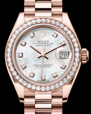 Rolex Lady-Datejust 28-279135RBR (Everose Gold President Bracelet, Gold Diamond-set White MOP Dial, Diamond Bezel)
