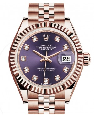 Rolex Lady-Datejust 28-279175 (Everose Gold Jubilee Bracelet, Gold Diamond-set Aubergine Dial, Fluted Bezel)