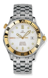 Omega Seamaster Diver 300M 41-2432.20.00 (Stainless Steel Bracelet, Wave-embossed White Dot Index Dial, Rotating Yellow Gold Bezel) (Omega 2432.20.00)