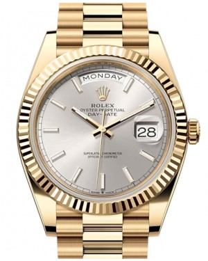 Rolex Day-Date 40-228238 (Yellow Gold President Bracelet, Silver Index Dial, Fluted Bezel)