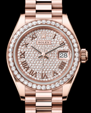 Rolex Lady-Datejust 28-279135RBR (Everose Gold President Bracelet, Diamond-paved Roman Dial, Diamond Bezel)