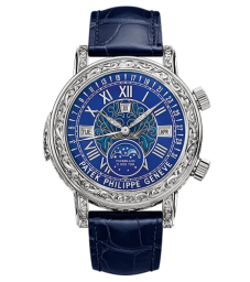 Patek Philippe Grand Complications 44-6002G-001 (Shiny Navy-blue Alligator Leather Strap, Grand Feu-champlevé & cloisonné Blue Enamel Roman Dial, Hand-engraved White Gold Bezel) (6002G-001)