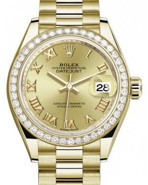 Rolex Lady-Datejust 28-279138RBR (Yellow Gold President Bracelet, Champagne Roman Dial, Diamond Bezel)
