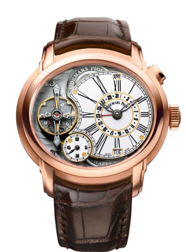 Audemars Piguet Millenary 47x42-26149OR.OO.D803CR.01 (Brown Alligator Leather Strap, Off-centred White Roman Disc Openworked Dial, Pink Gold Smooth Bezel)