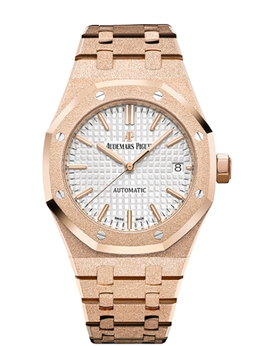 Audemars Piguet Royal Oak 37-15454OR.GG.1259OR.01 (Hammered Pink Gold Bracelet, Grande Tapisserie Silver-toned Index Dial, Frosted Pink Gold Bezel)