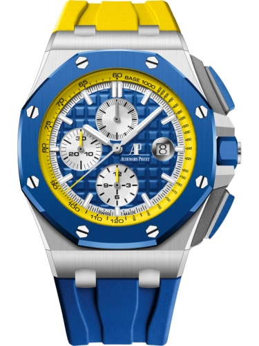 Audemars Piguet Royal Oak Offshore  44-26400SO.OO.A057CA.01 (Yellow & Blue Rubber Strap, Méga Tapisserie Blue Index Dial, Blue Ceramic Smooth Bezel)