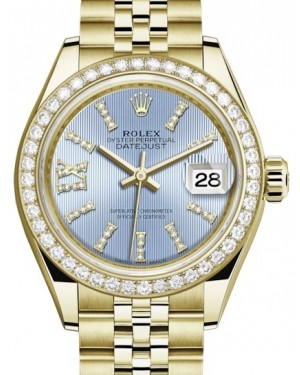 Rolex Lady-Datejust 28-279138RBR (Yellow Gold Jubilee Bracelet, Gold Diamond IX-set Cornflower Index Dial, Diamond Bezel)